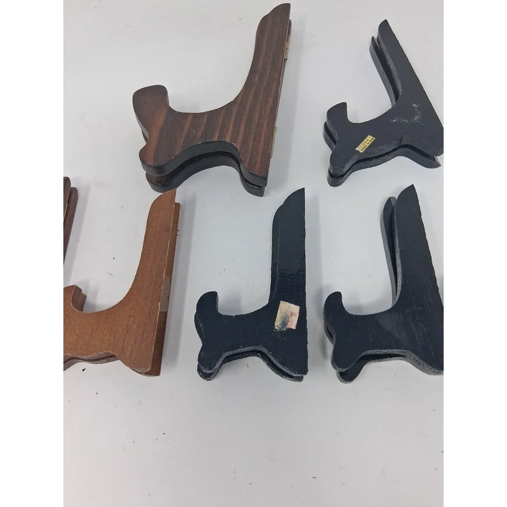 Hinged Easel Plate Holders Wooden Folding Set of 7 Black/brown. Q
